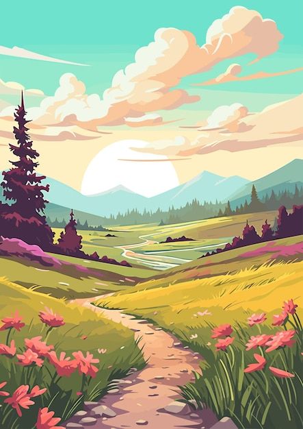 Valley Painting Landscapes, Spring Vector Art, Landscape Vector Art, Vector Art Landscape, Vector Landscape Illustration, Spring Digital Art, Flat Landscape, Comic Book Background, Imaginary Landscapes