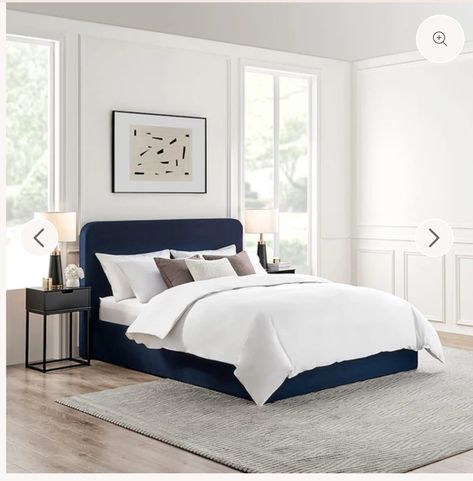 Alt Bedroom, Navy Headboard, Navy Ottoman, Navy Bedroom, Navy Bedding, Blue Bed, Bedroom Ideas For Small Rooms, Ottoman Storage Bed, Curved Headboard