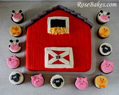 A Barnyard Party: Barn Cake, Farm Animals Cupcakes. Click over for more pictures and details! Animal Cupcakes Easy, Farm Birthday Cakes, Barnyard Cake, Barn Cake, Farm Animal Cupcakes, Farm Animal Cakes, Barnyard Bash, Farm Animals Birthday, Barnyard Birthday Party