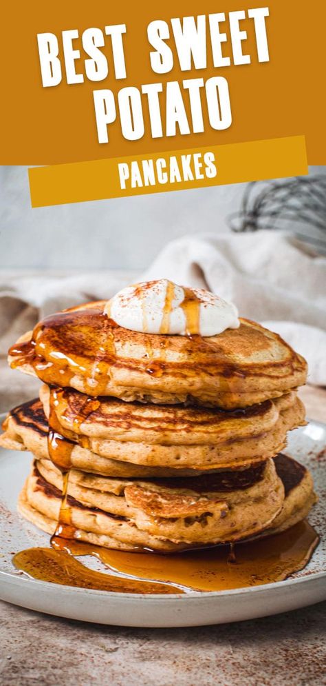 Fluffy, homemade, and deliciously decadent, this is the Best Sweet Potato Pancakes Recipe. Made with buttermilk and spices of cinnamon, nutmeg, and ginger for a rich fall or even year-round breakfast. Stack these pancakes high and drench them in maple syrup. Sweet Potato Pancakes Recipe, Potato Pancakes Recipe, Fall Recipes Breakfast, Canning Sweet Potatoes, Pancakes Breakfast, Sweet Potato Pancakes, Tasty Pancakes, Pancake Recipes, Recipe Breakfast