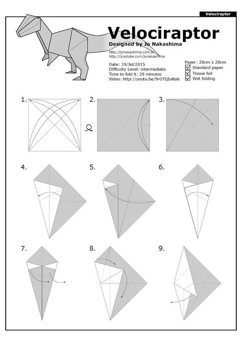 Jo Nakashima Origami, Origami Dinosaur Easy Step By Step, Origami T Rex Instructions, Origami A4 Paper, Square Paper Origami, Origami Velociraptor, Origami Things, Square Origami, Origami Dinosaur