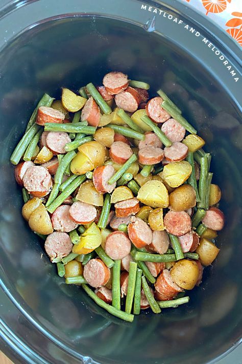 Crockpot Recipes Sausage, Sausage Potatoes And Green Beans, Sausage Potatoes Green Beans, Crockpot Sausage And Potatoes, Smoked Sausage And Potato Recipe, Sausage Crockpot Recipes, Sausage And Green Beans, Sausage Slow Cooker, Potatoes Green Beans