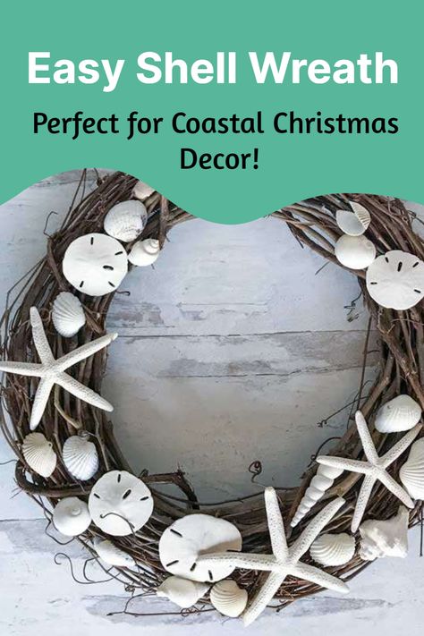 Sand dollar, starfish and shell wreath. Winter Coastal Wreath, Beach Christmas Wreath, Wreath Ideas Year Round, Coastal Christmas Wreath, Blue And White Coastal, Christmas Wreath Diy, Seashell Christmas, Christmas At The Beach, Coastal Wreath