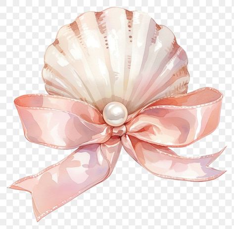 Shell Png Aesthetic, Coquette Ribbon Png, Pearl Illustration, Shell Clipart, Pearl In Shell, Journal Designs, Beach Png, Pearl Ribbon, Overlays For Edits