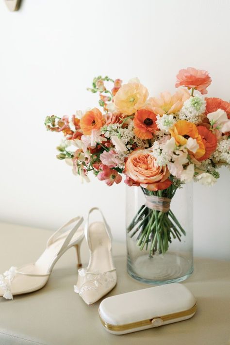 Peach And Cream Wedding Bouquet, Burnt Orange Wedding Arch Flowers, Pastel Fall Wedding Flowers, April Bouquet Wedding, Coral Pink Bouquet, Peach And Yellow Wedding Decor, Bridal Bouquet With Ranunculus, Coral Peony Wedding Bouquet, Peachy Wedding Bouquet