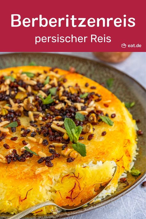 Wenn du gern einmal persisches Essen ausprobieren willst, solltest du dir Berberitzenreis nicht entgehen lassen. Der persische Reis mit Berberitzen hat eine herrliche Kruste und schafft mit den süß-säuerlichen Berberitzen ein ganz besonderes Aroma! Yummy Mummy, Middle Eastern Recipes, Greens Recipe, Arabic Food, Mediterranean Recipes, International Recipes, Couscous, Soul Food, Middle East