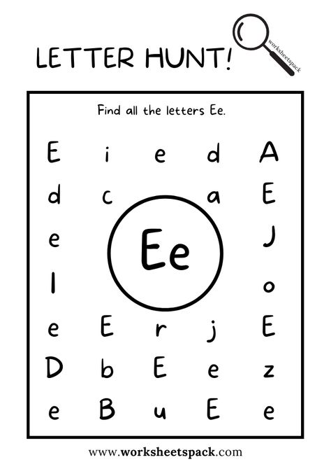 Find the Letter E Worksheet, Alphabet E Hunt Activity Free Printable for Kids - Printable and Online Worksheets Pack Letter Activity Sheets Preschool, Find Letter A Worksheet, The Letter E Crafts Preschool, Letter E Kindergarten Activities, E Letter Worksheet, Preschool Letter E Worksheets, Letter E Activity For Preschoolers, Letter Find Worksheets Free Printables, Letter E Free Printables