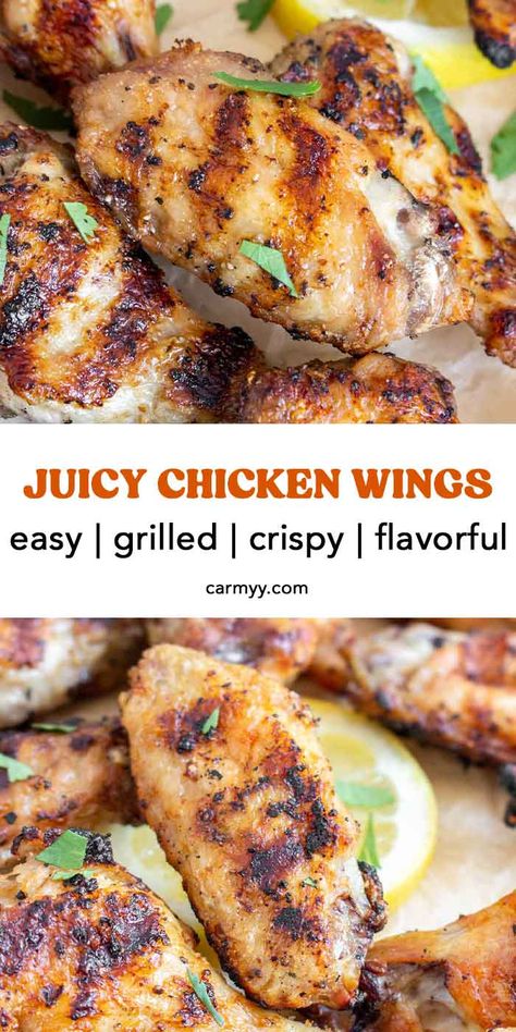 These crispy grilled chicken wings make for a wonderful delicious appetizer or simple dinner. The skin is grilled until golden and crispy, and the meat is so tender and juicy! This is my go-to classic, foolproof recipe for perfectly grilled chicken wings every time you fire up the grill. You’ll want to make these all summer long! Chicken Thighs Healthy, Grilling For A Crowd, Crispy Grilled Chicken, Wings On The Grill, Grilled Chicken Wings Recipe, Recipes For Hosting, Healthy Chicken Wings, Cheesy Chicken Recipes, Recipes For Game Day