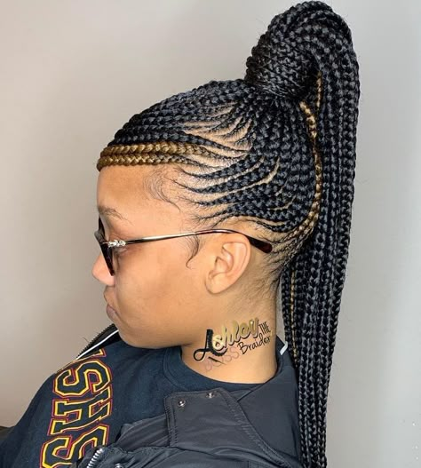 Lemonade Braids In A Ponytail, Lemonade Braids In A Bun, Braid Up Styles Black Women, Freestyle Braided Ponytail Hairstyles, Feed In Braids Ponytail With Swoop, Swoop Braided Ponytail For Black Women, Feed In Braids Hairstyles Updos, Freestyle Lemonade Braids, Freestyle Braids For Black Women