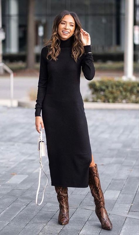 Long Sweater Dress Outfit Dressy, Black Rib Knit Dress Outfit, Maxi Sweater Dress With Boots, Long Black Turtleneck Dress Outfit, Long Black Knit Dress Outfit Winter, Knit Black Dress Outfit, Sweater Dress Outfit 2023, Maxi Dress And Boots Outfit, Maxi Dress Sweater Outfit