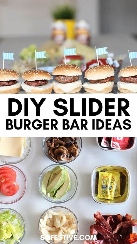 Create your own Slider Burger Bar with these awesome party tips- great idea for a summer bbq or dinner for guys- DIY sliders for the win!  - So Festive! Slider Burger Bar, Burger Buffet Ideas Bbq Party, Bbq Slider Bar, Burger Slider Bar, Diy Dinner Bar Ideas, Hamburger Party Ideas Summer Burger Bar, Slider Burger Bar Party Ideas, Bbq Burger Bar, Sliders Bar Ideas Parties