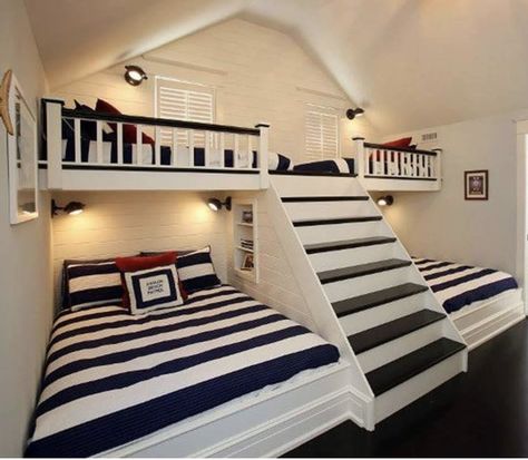 Beds With Stairs, Lakehouse Bedroom, Design Ložnic, Small Kids Room, Cool Bunk Beds, Bunk Beds With Stairs, Bunk Bed Designs, Space Bedding, Shared Bedroom