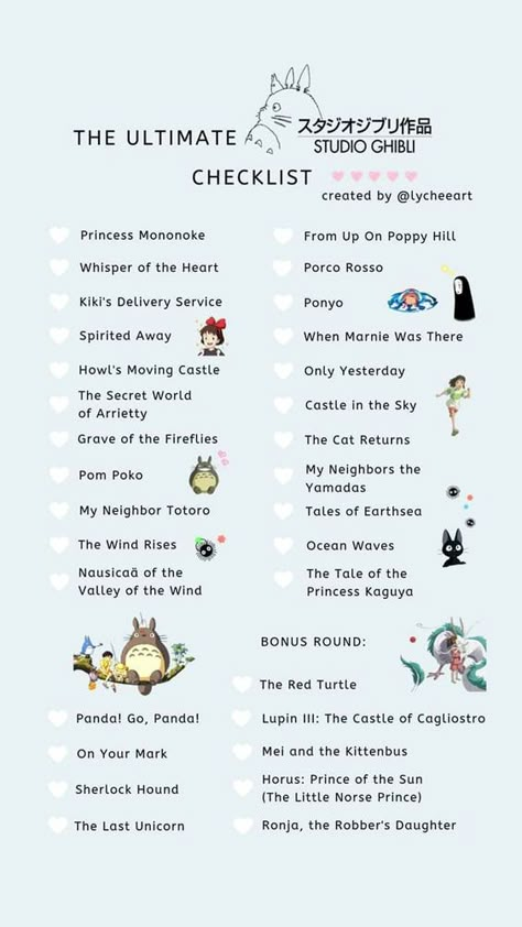 The best films of the "Studio Chibli" Fandoms List, Ghibli Template, Ghibli Checklist, Studio Ghibli Checklist, Studio Ghibli Movie List, Studio Ghibli Animation, All Studio Ghibli Movies, Studio Ghibli Wallpaper, The Garden Of Words