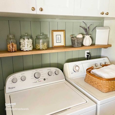 Making laundry less of a chore ✨ | Gallery posted by Terra | Lemon8 Laundry Room Design Sage Green, Hanging Bar In Laundry Room, Green Accent Wall Laundry Room, Upgrade Small Laundry Room, Laundry Room Panel Wall, Wood Accent Wall Laundry Room, Laundry Room Ideas Sage Green, Small Colorful Laundry Room, Green Farmhouse Laundry Room