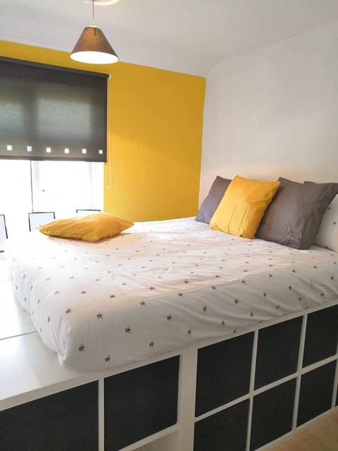 People are turning Ikea's affordable Kallax units into their dream beds, desks and posh cabinets Organization For Small Rooms, Small Room Bed, Aesthetic Bedroom Inspirations, Storage Bed Ideas, Modern Storage Bed, Box Room Bedroom Ideas, Ikea Bed Hack, Idea Bedroom, Box Room