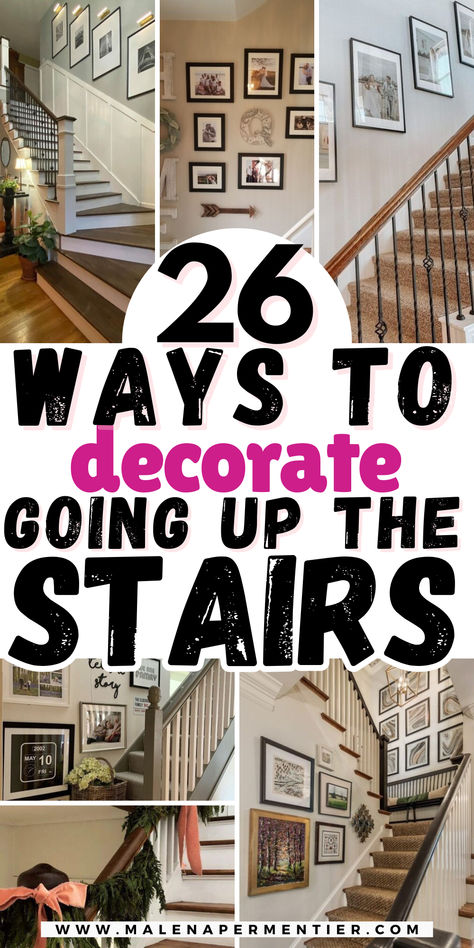 how to decorate the wall going up the stairs Stairs Family Photo Wall, Art Gallery Wall Stairway, Gallery Wall On Angled Wall, Stairway Gallery Wall With Lighting, Stairs Wall Makeover Ideas, Decorations For Stairs Wall, Frames In Stairwell, Stairway Corner Decor, Top Of Stairs Accent Wall