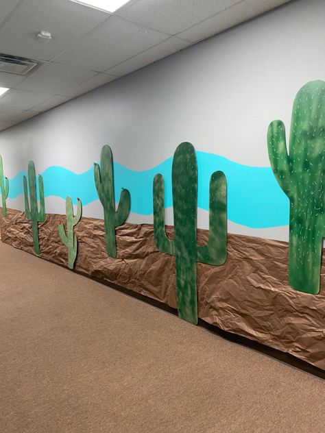 Desert Decoration Ideas Party, Western Theme School Hallway, Western Theme For School, Vbs Monumental Decorations, Wild West Hallway Decorations, Vbs Desert Decorations, Desert Stage Design, Wild West Homecoming Theme, Vbs Wonder Junction