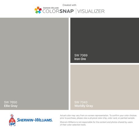 Exterior Colors: Ellie Gray main; doors and garage Iron Ore; trim Worldly Gray Exterior House Colors With Black Garage Doors, Garage Exterior Color Ideas, Iron Ore Trim Exterior, Iron Ore Garage Door, Grey Stucco House Exterior, Garage Paint Colors, Black Garage Doors, Big Cabin, Exterior Paint Schemes