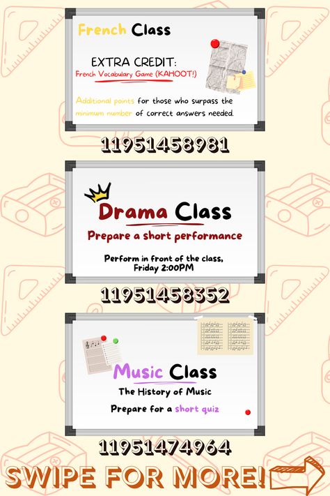 Add more subjects to your bloxburg school rps using these whiteboard and chalk board decals! New subjects: french class, music class, and drama class! WANT MORE TO MATCH? I have more whiteboard and chalkboard decals, check out my profile I made sections for it under the board "Bloxburg Decals" #roblox #bloxburg #bloxburgdecals #decals #bloxburgschoolboard #bloxburgschool #bloxburgwhiteboard #bloxburgchalkboard #bloxburgmusicclass #bloxburgfrenchclass #bloxburgdramaclass Bloxburg House Plans, Bloxburg School, Bloxburg Decals Codes Aesthetic, Preppy Decal, School Decal, Roblox Image Ids, Coding School, Bloxburg Decals Codes Wallpaper, Barndominium Plans