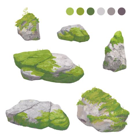 Moss Digital Art, How To Color Rocks Digital, Rock With Moss Drawing, Moss Reference, Moss On Rocks Drawing, Moss Drawing Reference, Mossy Rock Drawing, Moss Sketch, How To Draw Moss On Rocks