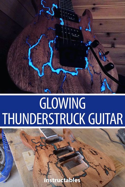 Give your ordinary guitar a bold look by burning in lichtenberg figures and filling them with glowing resin. #audio #music #instrument #epoxy #woodworking #lightening #electric #thunderstruck #glowing #pigment Epoxy Guitar, Resin Guitar, Lichtenberg Figures, Old Guitar, Luthier Guitar, Guitar Diy, Electric Guitar Design, Guitar Finishing, Guitar Ideas