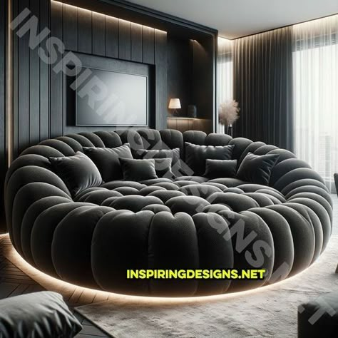 Movie Sofa Furniture, Rounded Sofa Living Room Couch, Circular Movie Sofa, Black Comfy Couch, Movie Room Guest Room Combo, Big Sofa Living Room Comfy Couches, Circular Couch Living Room, Giant Sectional Sofa, Giant Circular Movie Sofa