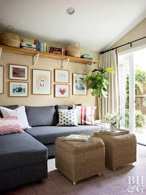 This California Bungalow Home Stays Cool in 550 Square Feet | Better Homes & Gardens Shelves Along Ceiling, High Shelves Around The Room, High Up Shelves, Shelves Near Ceiling, Shelf Around Room Ceiling, Bookshelf Along Ceiling, High Shelf Living Room, High Ceiling Living Room Shelves, High Shelf Decorating Ideas Bedroom