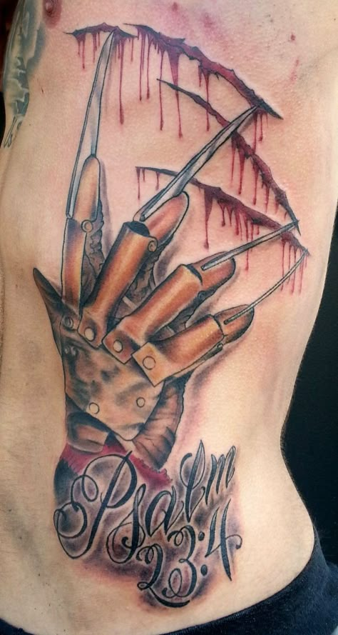 nightmare on elm street tattoos - Google Search Freddy Krueger Hand, Elm Street Tattoo, Freddy Krueger Tattoo, Horror Tattoo Ideas, Horror Sleeve, Locket Tattoos, Horror Movie Tattoos, Horror Tattoos, Psalm 4