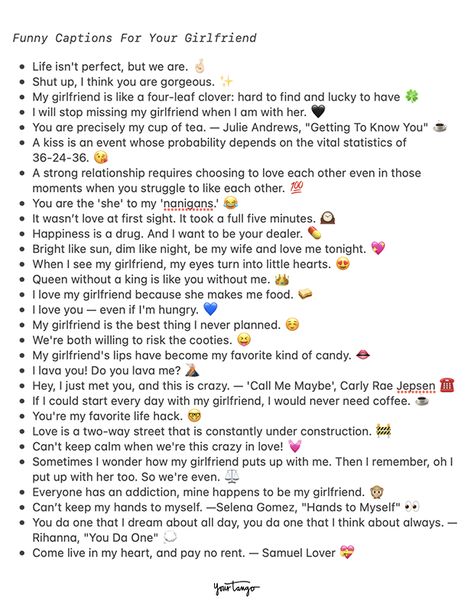 When writing Instagram captions for girlfriends, especially on couples' selfies, using love quotes, sweet lines from songs or romantic sayings will make her smile. Sweet Captions For Couples, Paragraph To Make Her Smile, Smile Thoughts Quotes, Captions On Love For Him, Story Captions For Instagram Love, Teenage Captions For Instagram, Captions For Her Love, Caption For Love Of My Life, With Her Quotes