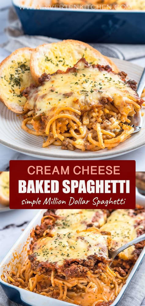 Baked Spaghetti with Meat Sauce and Cream Cheese Crockpot Recipes Chicken Pasta, Chicken Pasta Crockpot Recipes, Baked Spaghetti With Cream Cheese, Pasta Bake Chicken, Spaghetti With Cream Cheese, Pasta Crockpot Recipes, Pasta Recipe Chicken, Baked Chicken Pasta, Chicken And Pasta Recipes