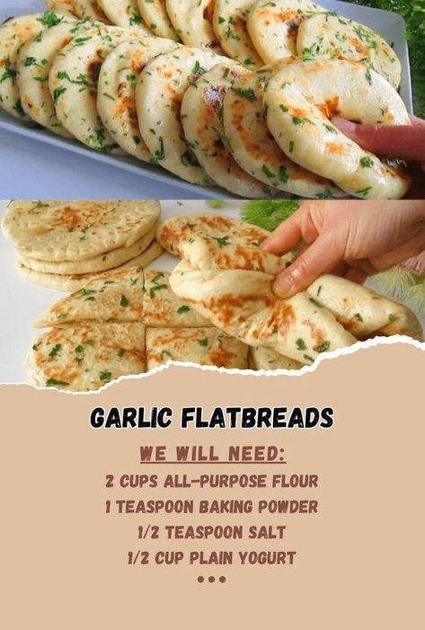 Garlic Flatbreads – 99easyrecipes Easy Naan Recipe, Garlic Flatbread, Homemade Naan Bread, Easy Flatbread, Flat Breads, Homemade Bread Recipes Easy, Naan Recipe, Flat Bread, Instant Recipes