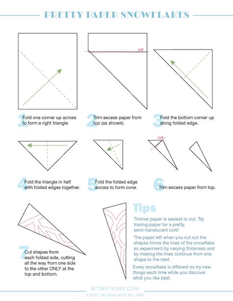 Step-by-step instructions for gorgeous paper snowflakes!  Printable instructions include diagrams and examples with a few bonus tips. Paper Snowflake Folding, How To Do A Snowflake Paper, Construction Paper Snowflakes, How To Make Paper Snowflakes Templates, How To Fold Paper Snowflakes, How To Make A Paper Snowflake Easy, How To Fold Snowflakes Paper, Snowflake Paper Tutorial, Snowflake From Paper