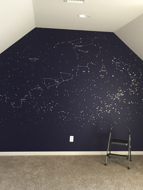 Constellation map mural. Painted with gold and silver paint pens in a deep blue wall. Map Mural, Minimalist Dekor, Map Murals, Constellation Map, Silver Paint, Dream Rooms, Blue Walls, Paint Pens, Design Case