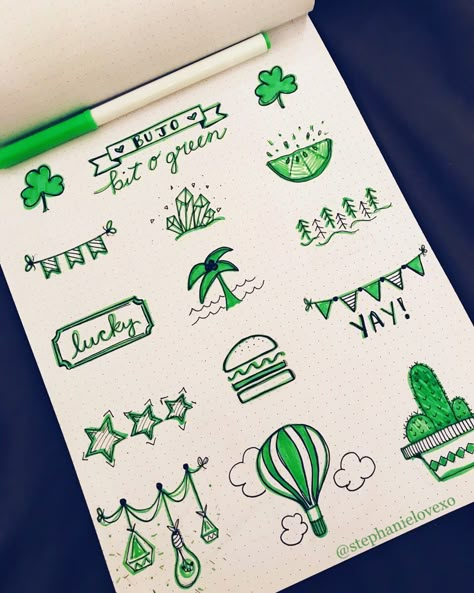 Bit O’ Green doodles for St. Patrick’s Day! Green green and more green! Bullet journal Bujo journal bonus page! #bujo #bulldog  #bujocommunity #green #stpatricksday #art #artist #planner #planning #sketch #doodle Cute Green Doodles, March Calendar Doodles, Green Doodles Aesthetic, Green Drawing Aesthetic, Green Journal Ideas, Green Journal Aesthetic, March Drawings, Green Bujo, March Doodles