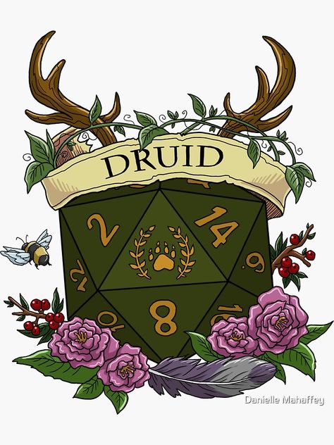 "Dice Druid" Sticker by Danie-Mahaffey | Redbubble Dnd Tattoo, Druid Tattoo, Druid Dnd, Dragon Inspiration, Dnd Druid, Dragons Art, Dnd Classes, Dungeons And Dragons Art, Dungeons And Dragons Classes