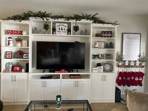 Christmas Decor On Entertainment Center, Christmas Decor For Entertainment Center, Entertainment Center Decor Christmas, Christmas Entertainment Center, Entertainment Center Christmas Decor, Christmas Entertainment Center Decor, Large Entertainment Center, Christmas Shelf, White Entertainment Center