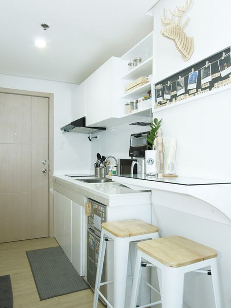 All-White Condo in Quezon City | RL Studio Type Condo Ideas Small Spaces, Studio Type Condo Ideas, Small Condo Design, Studio Type Condo, Small Condo Ideas, Small Condo Decorating, Small Condo Living, Small Condo Kitchen, Condominium Interior Design