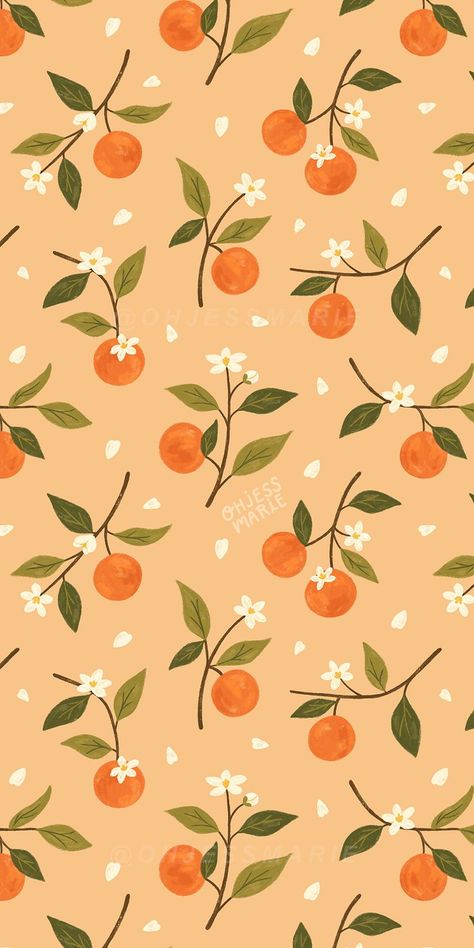 A cute print and pattern featuring digital illustrations of oranges on branches with leaves and orange blossoms. Kitchen decor | Oranges pattern | Botanical pattern | Home decor | Cute aesthetic pattern | Citrus art | Oranges art | Orange blossoms | Cute kitchen art | Surface design decor #pattern #surfacedesign #fruit Images Hello Kitty, Fruit Wallpaper, Simple Phone Wallpapers, Orange You Glad, Orange Wallpaper, Phone Wallpaper Patterns, Cute Patterns Wallpaper, Simple Wallpapers, Summer Wallpaper