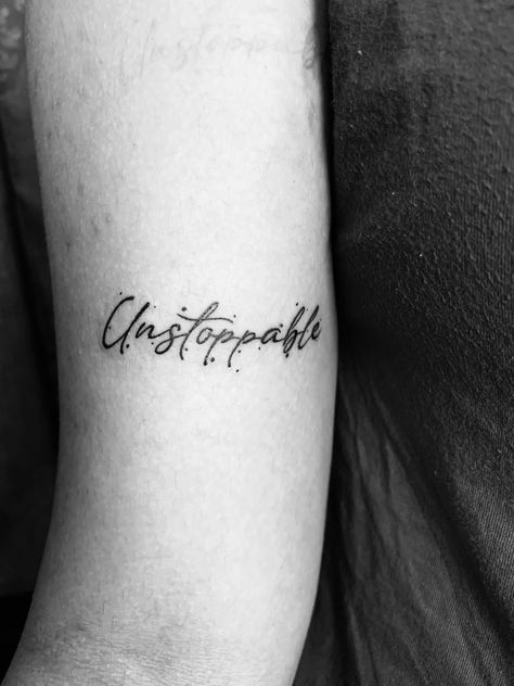 #unstoppabletattoo #tattooideas #tattoo #boldtattoo #onewordtattoo #symboltattoo Uplifting Tattoo Quotes, Positive Word Tattoos For Women, Unstoppable Tattoo Ideas, Unstoppable Tattoo Font, I Was Not Built To Break Tattoo, Unstoppable Tattoo, Nails And Tattoos, Women Half Sleeve, African Tattoo