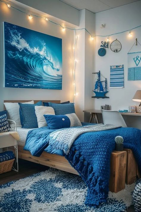 Coastal Dorm Room, Minimalist Room Design, Coastal Dorm, Model Sailboat, Beachy Room, Coastal Bedrooms, Mini Vacation, Minimalist Room, Cozy Room Decor