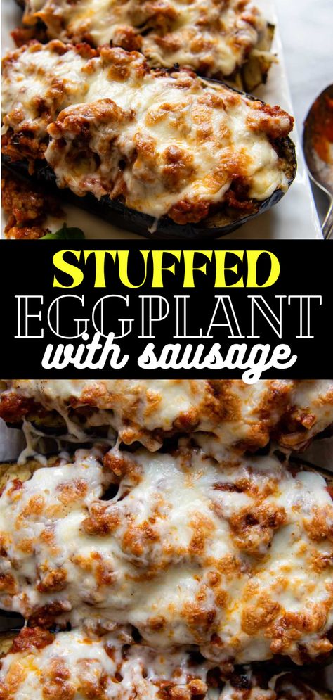 Stuffed eggplant boats with sausage are an easy gluten free and low carb dinner option the whole family will love! Use sweet Italian sausage, marinara and mozzarella cheese for an easy eggplant stuffing. Sweet Italian Sausage Recipes Low Carb, Stuffed Eggplant Boats, Mediterranean Stuffed Eggplant, Italian Sausage And Eggplant Recipes, Eggplant Italian Sausage, Eggplant Lasagna Boats, Eggplant Cheese Recipes, Shrimp Stuffed Eggplant Recipes, Sausage Stuffed Eggplant Recipes