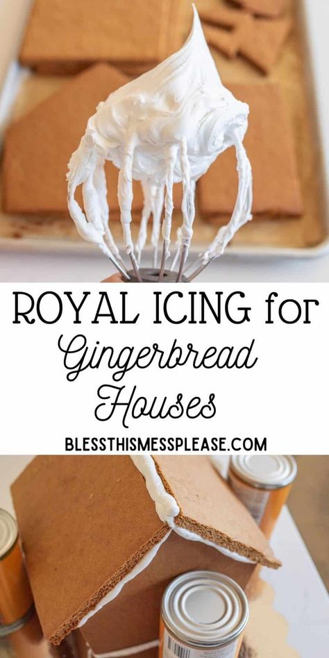 How to make royal icing for gingerbread houses using either meringue powder or egg whites! This is the BEST recipe for your gingerbread houses! Best Gingerbread Frosting Recipe, Diy Gingerbread House Icing, Gingerbread House Recipes Dough, Ginger Bread Recipe For House, Ginger Bread House Recipe Easy, Building Gingerbread Recipe, Best Glue For Gingerbread Houses, Gingerbread House Add Ons, Colonial Gingerbread House