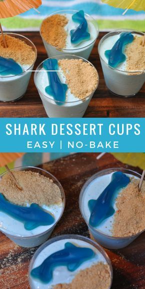 Easy Kid Snacks- Shark Cups | A fun way to celebrate shark week or an under the sea birthday party. Shark Bait Snack, Shark Jello Cups, Dessert Cups Easy, Shark Week Food, Shark Snacks, Shark Board, Shark Themed Birthday, Kids Birthday Party Food, Shark Craft