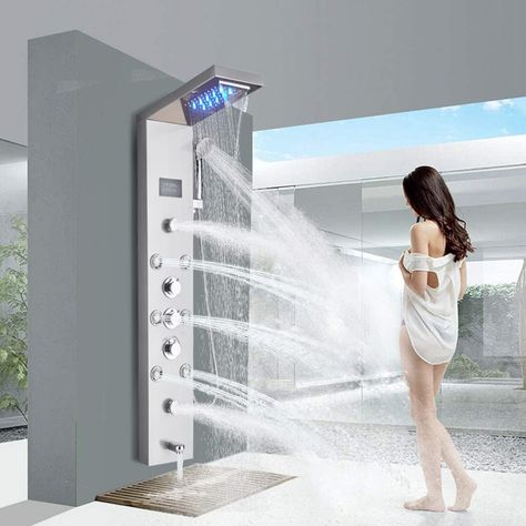 FUZ Contemporary Shower Panel Tower System Stainless Steel 6-Function Faucet LED Rainfall Waterfall Shower Head + Handheld Sprayer + Rain Massage Body Jets + Tub Spout,Brushed Nickel - Amazon.com Modern Shower Heads, Shower Tower Panel, Modern Shower Head, Waterfall Shower Head, Ranch Makeover, Shower Tower, Bathroom Shower Panels, High End Home, Rain Shower System