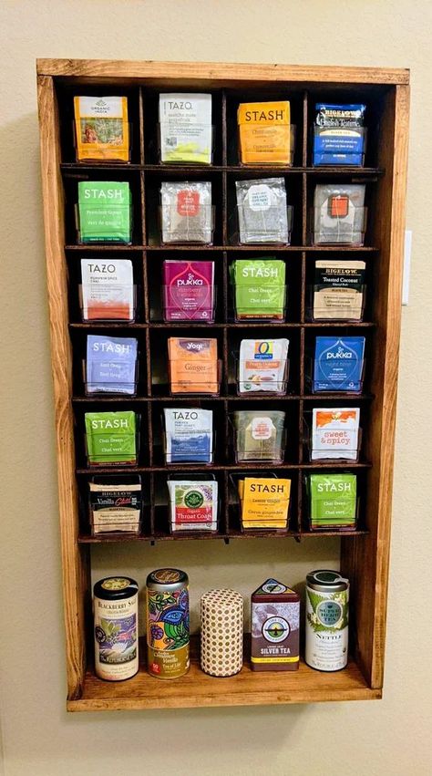 Tea Boxes Ideas, Diy Tea Box Storage Ideas, Diy Tea Organizer Ideas, Tea Organizer Ideas, Tea Organization Diy, Tea Storage Organizing, Tea Box Ideas, Diy Tea Organizer, Diy Tea Bag Organizer