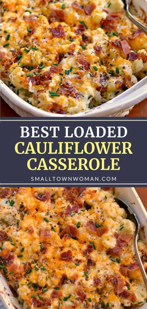 Vegetable has never tasted this good! Loaded Cauliflower Casserole is a real winner. Steamed cauliflower is combined with cream cheese, sour cream, sharp cheddar, Monterey Jack, bacon, and chives for a filling meal even picky eaters will love. Pin this recipe for later! Casserole Keto, Cauliflower Casserole Recipes, Loaded Cauliflower Casserole, Casserole Side Dishes, Vegetable Casserole Recipes, Loaded Cauliflower, Cauliflower Casserole, Vegetable Casserole, Monterey Jack