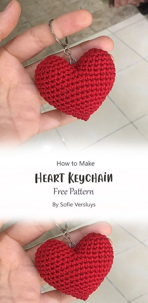 This simple crochet heart keychain pattern can be used to make a cute gift for your loved one. Easy to use, you will learn how to read the pattern and make it by yourself. Crochet Keyring Free Pattern, Crochet Keyrings, Crochet Key Chains, Valentine Crochet, Keychain Patterns, Crochet Valentines, Crochet Valentine, Crochet Keychains, Crochet Hearts