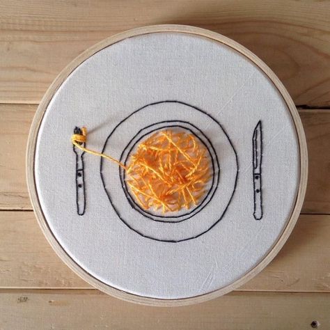 Clever Embroidery, Embroidery Hoop Ideas, Spaghetti Plate, Food Embroidery, Sulaman Pita, Sewing Embroidery Designs, Hand Embroidery Art, 자수 디자인, Modern Embroidery