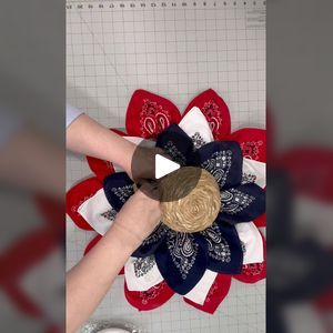 46K views · 847 reactions | Red, white and blue bandana wreath. Use Staflo and Rustoleum clear matte acrylic spray and grab a few things from Dollar Tree and you have a beautiful wreath ready for the 4th of July  #craftingideas #4thofjulydecor #craftingfun | Julie's Wreath Boutique | Julie's Wreath Boutique · Original audio Red White And Blue Wreath Diy, Cross Wreath Diy, Bandana Wreath, Patriotic Diy, Mesh Wreath Tutorial, Holiday Wreaths Diy, Blue Bandana, Fabric Wreath, Bicycle Frame