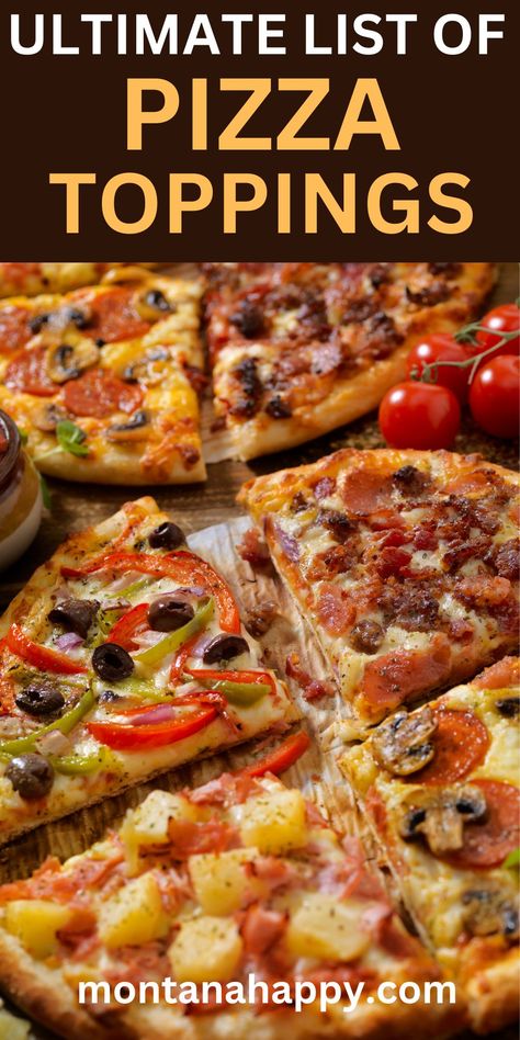 Ultimate List of Pizza Toppings - Photo of Pizza with Different Toppings Pizza Toppings List, Best Pizza Toppings, Pizza Combinations, Unique Pizza, Rustic Recipes, Grandma's Recipes, Easy Homemade Pizza, Salad Toppings, Fall Dinner Recipes